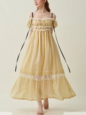 NWT Linennaive Carolynn24 Flowy Lace Linen Cottagecore Maxi Dress Lemon Yellow